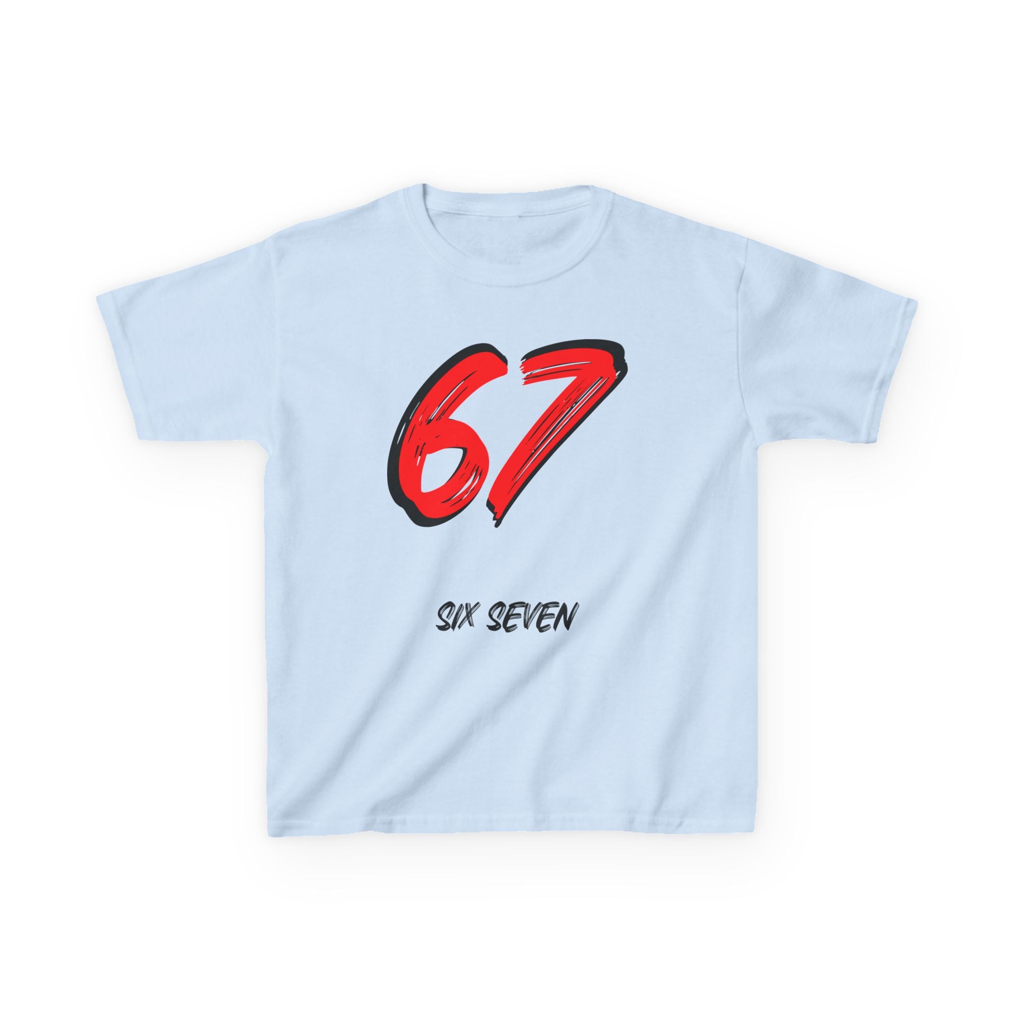 Kids '67' Graphic Tee — Red Number Design with “Six Seven” Text