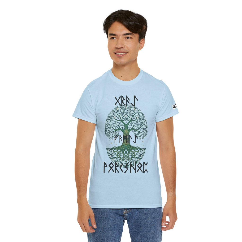 Yggdrasil Tree of Life T‑Shirt — "Gray Family Workshop" written in Rune