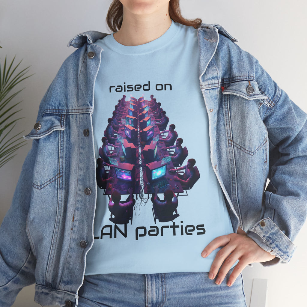 LAN Parties T-Shirt — "Raised on LAN parties" PC Gaming Tee with LAN Checklist