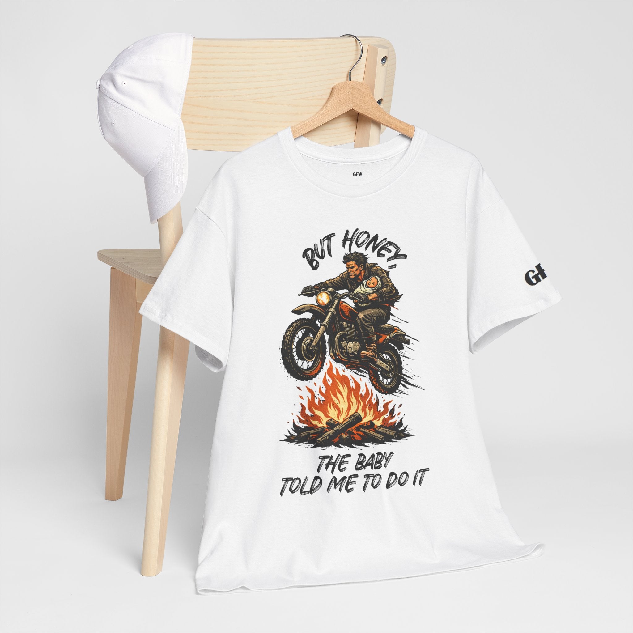 Motorcycle Tee — “But Honey The Baby Told Me To Do It” Vintage Rider T‑Shirt