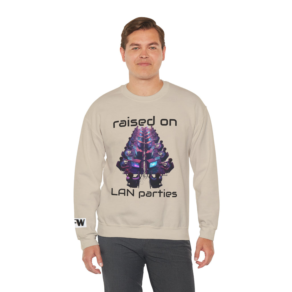 LAN Party Sweatshirt — "Raised on LAN Parties" Crewneck with Backside LAN Checklist