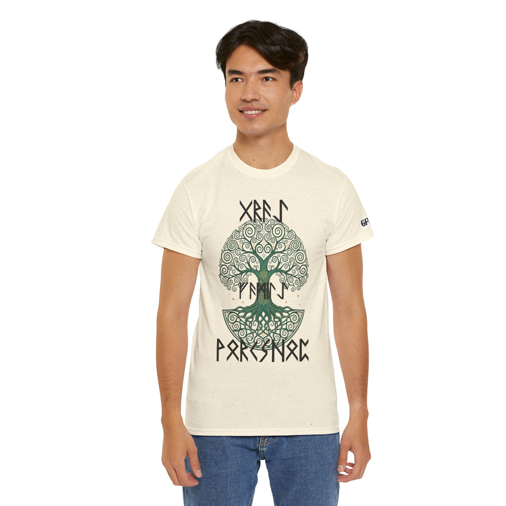Yggdrasil Tree of Life T‑Shirt — "Gray Family Workshop" written in Rune