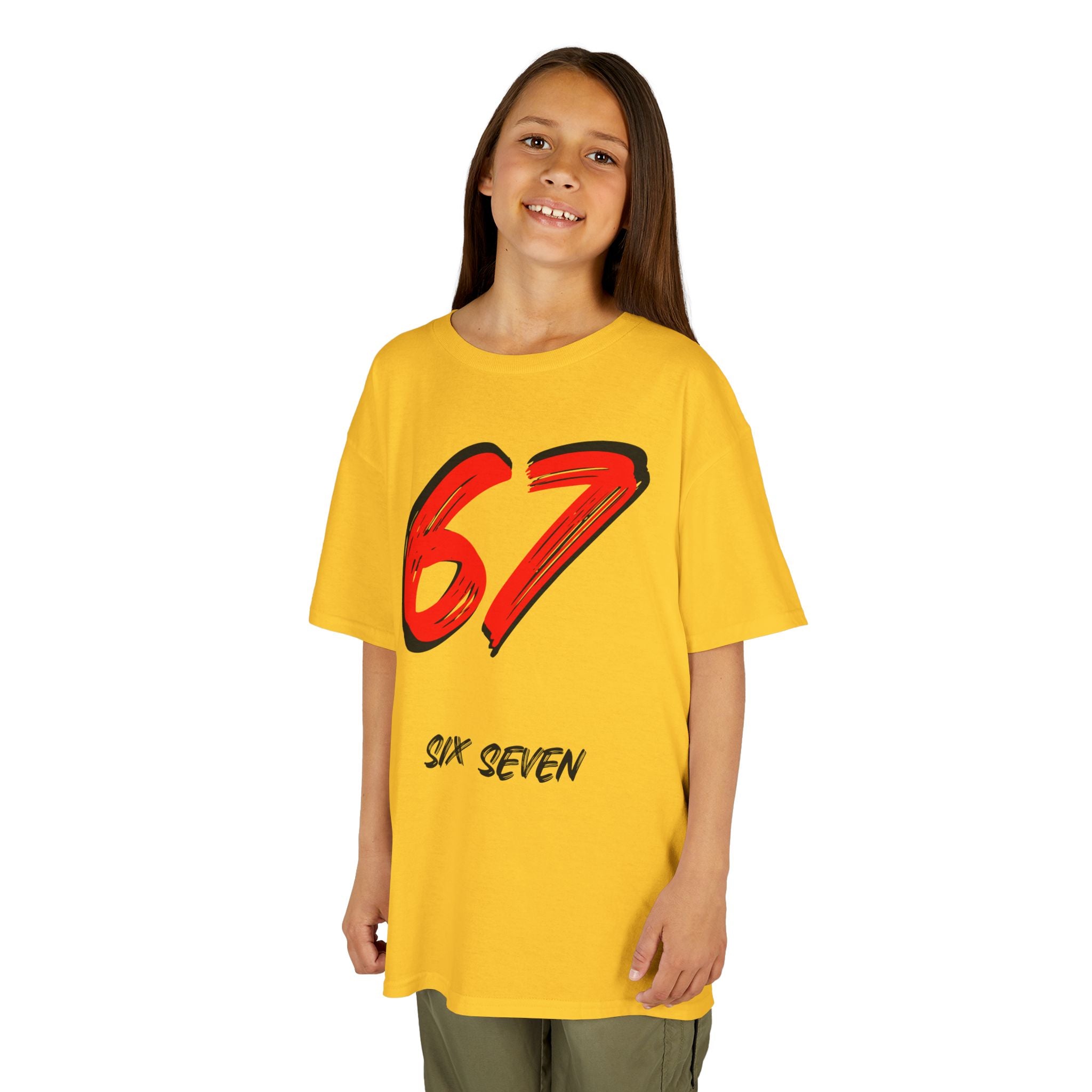 Kids '67' Graphic Tee — Red Number Design with “Six Seven” Text