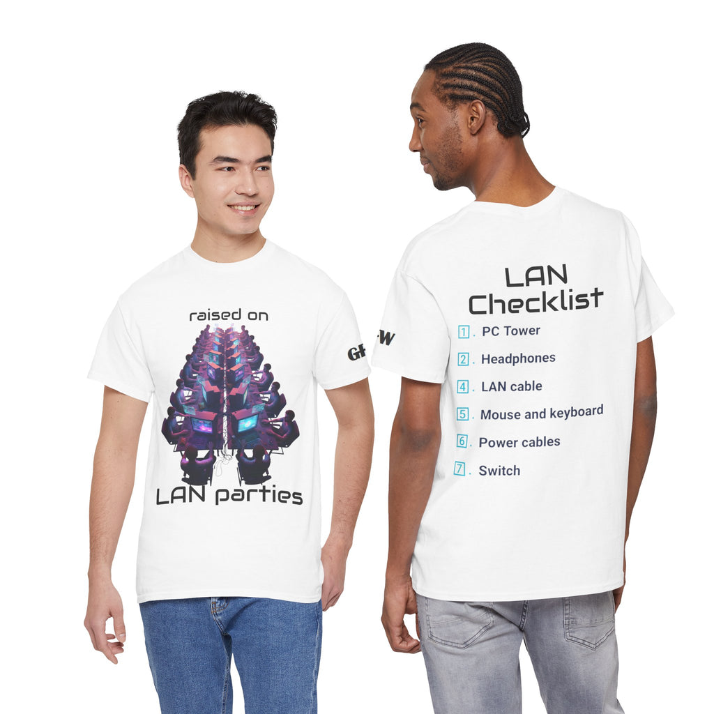 LAN Parties T-Shirt — "Raised on LAN parties" PC Gaming Tee with LAN Checklist