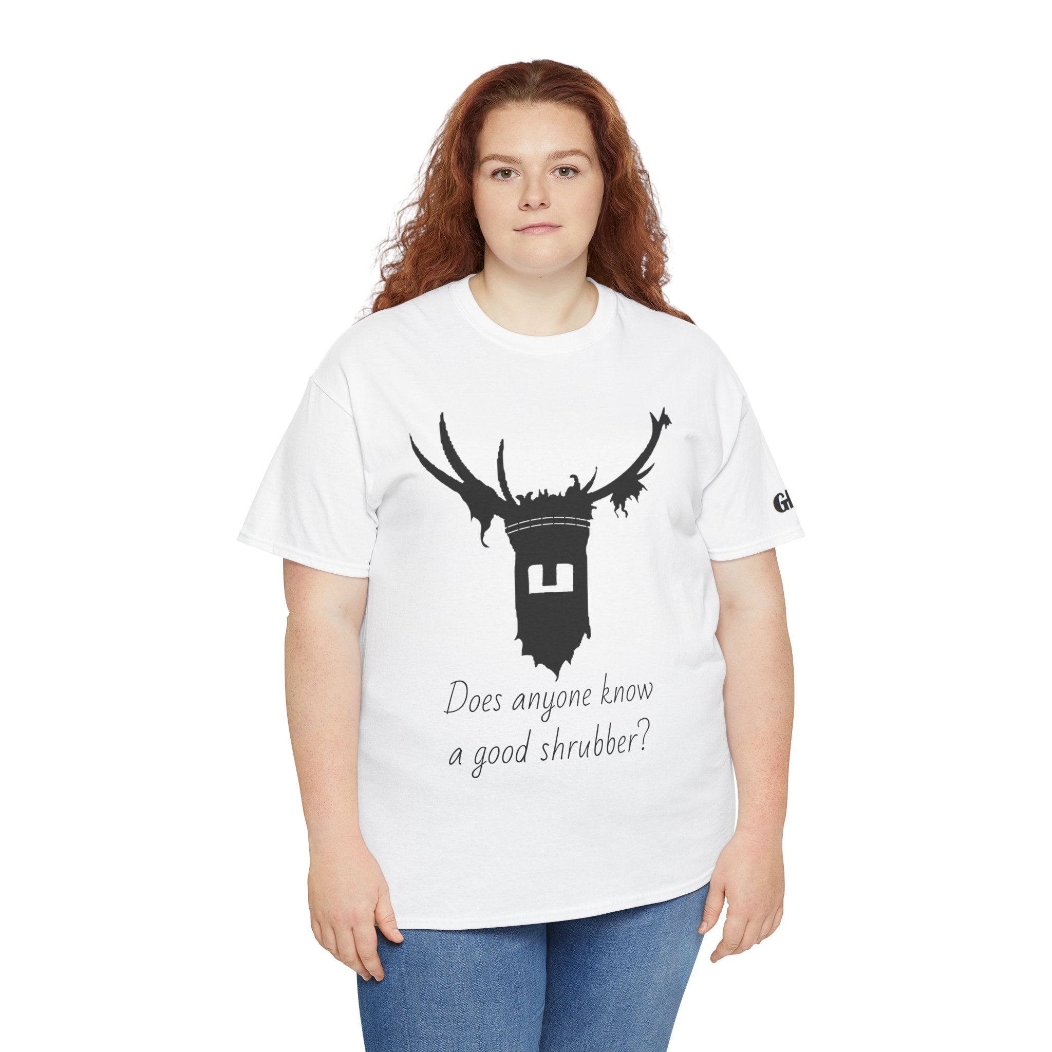 T‑Shirt — 'Does Anyone Know a Good Shrubber?'  Black Deer Mask Tee